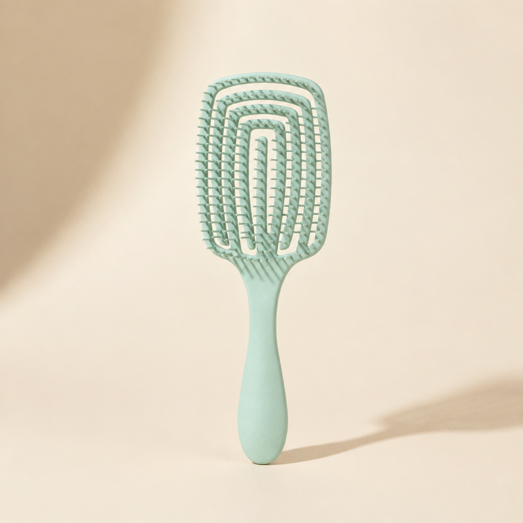 Mint detangling brush on a warm beige background